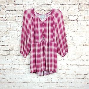 ANTHROPOLOGIE|Mauve Cavalon Peplum Plaid Top Sz M